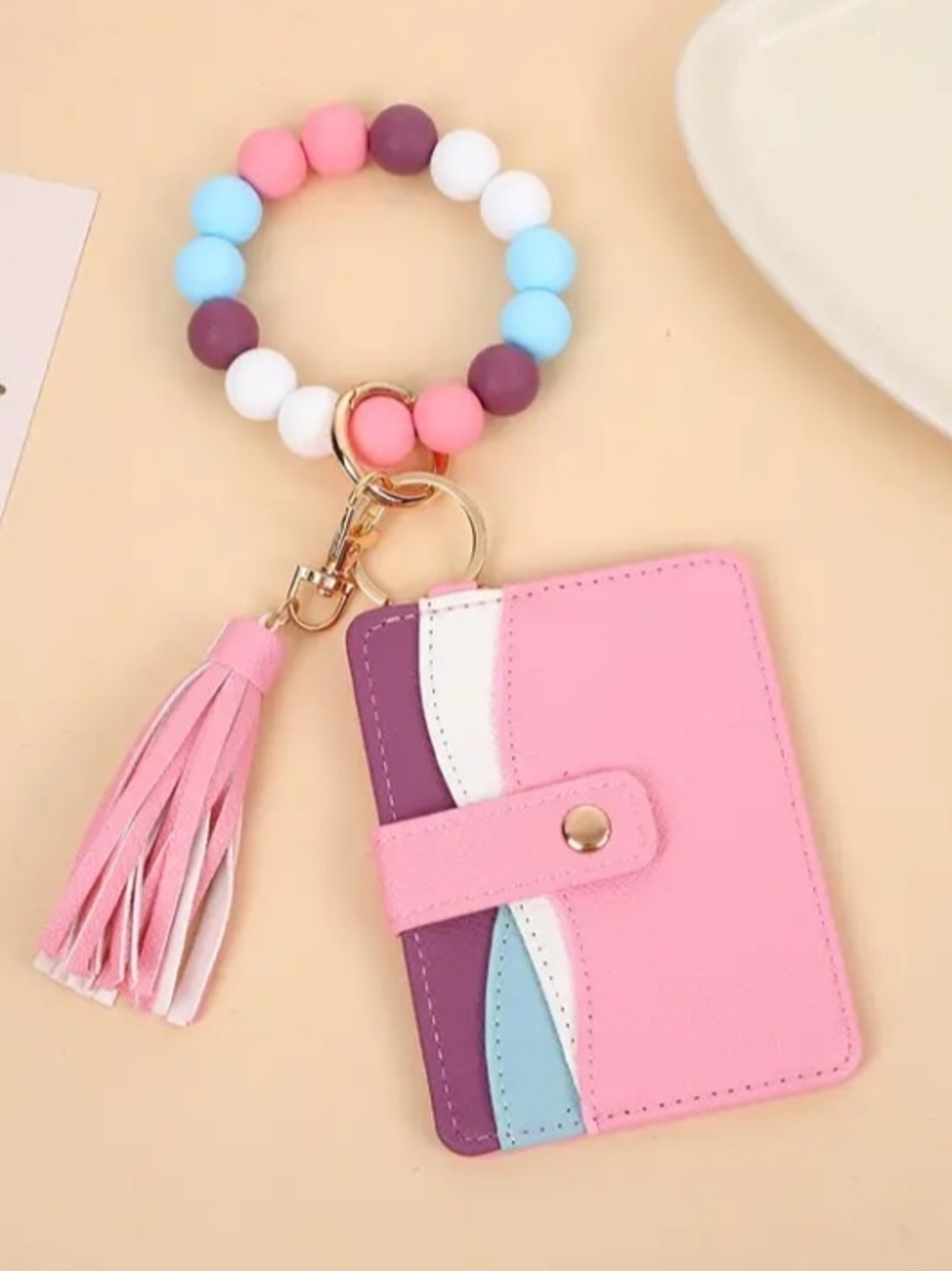 Pink Tassel Cardholder Wristlet with Beaded Key Ring